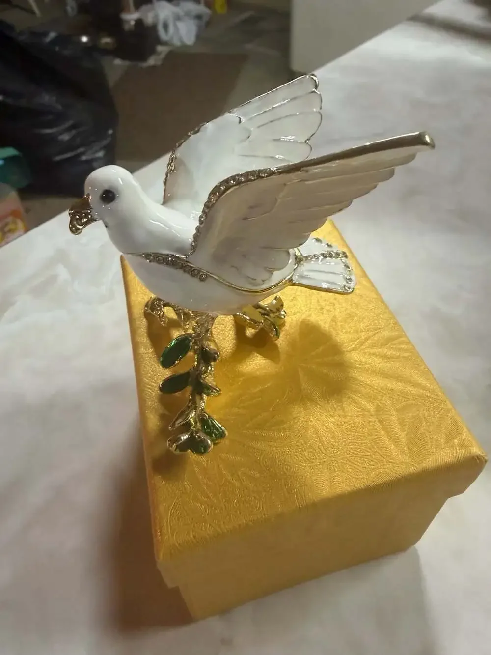 White Enamel and Rhinestone Peace Dove Hinged Trinket Jewelry Box